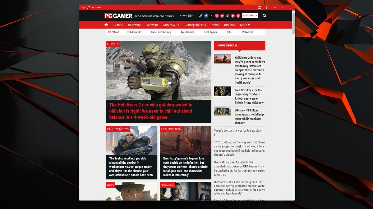 The PC Gamer web app, created with the latest build of Google Canary