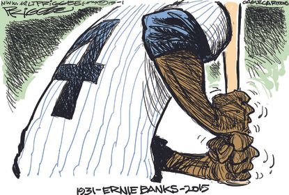 Editorial cartoon sports Ernie Banks