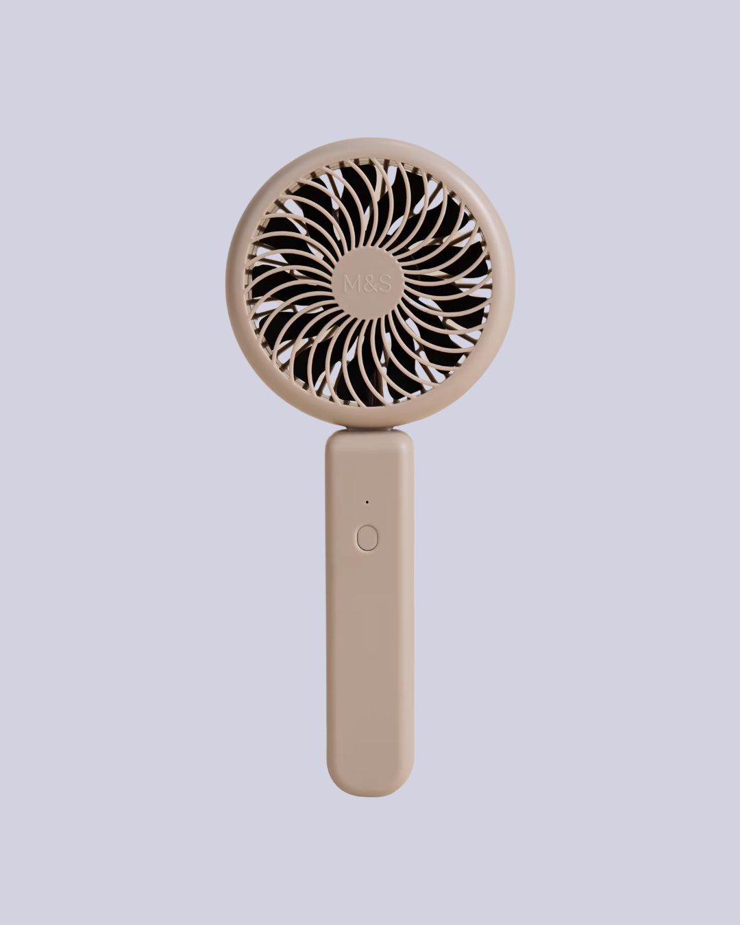 M&amp;amp;S Usb Travel Fan in pale brown, set against a pale lilac background.