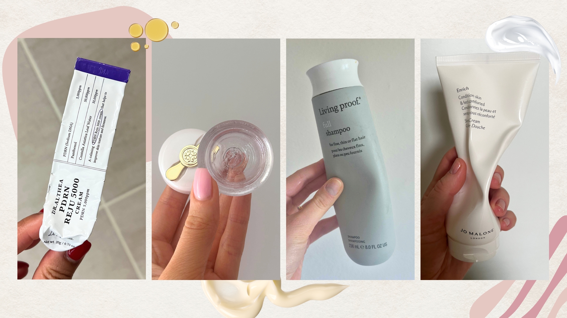 Collage of our beauty team's product empties in March 2026 (L-R) Dr Althea PDRN cream, Tatcha Kissu Lip Mask, Living Proof Full Shampoo and Jo Malone Enrich Shower Cream, on a beige background with pink details and cream and oil swatches