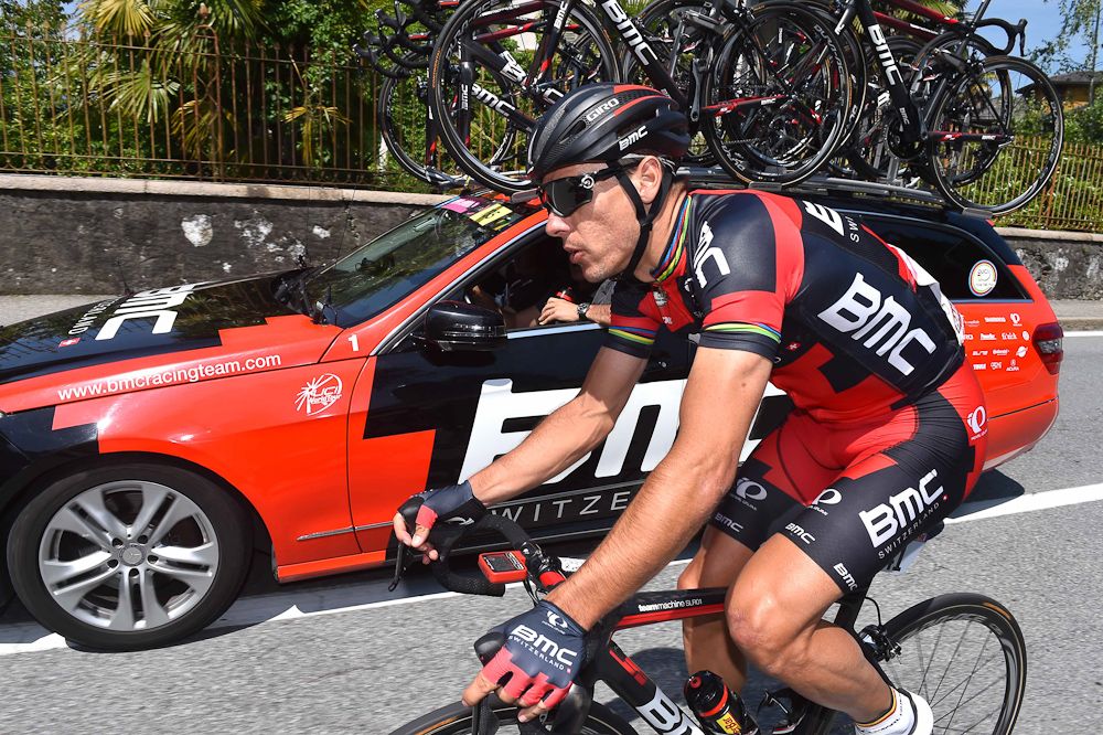 Philippe Gilbert chats with the team car during stage 18.
