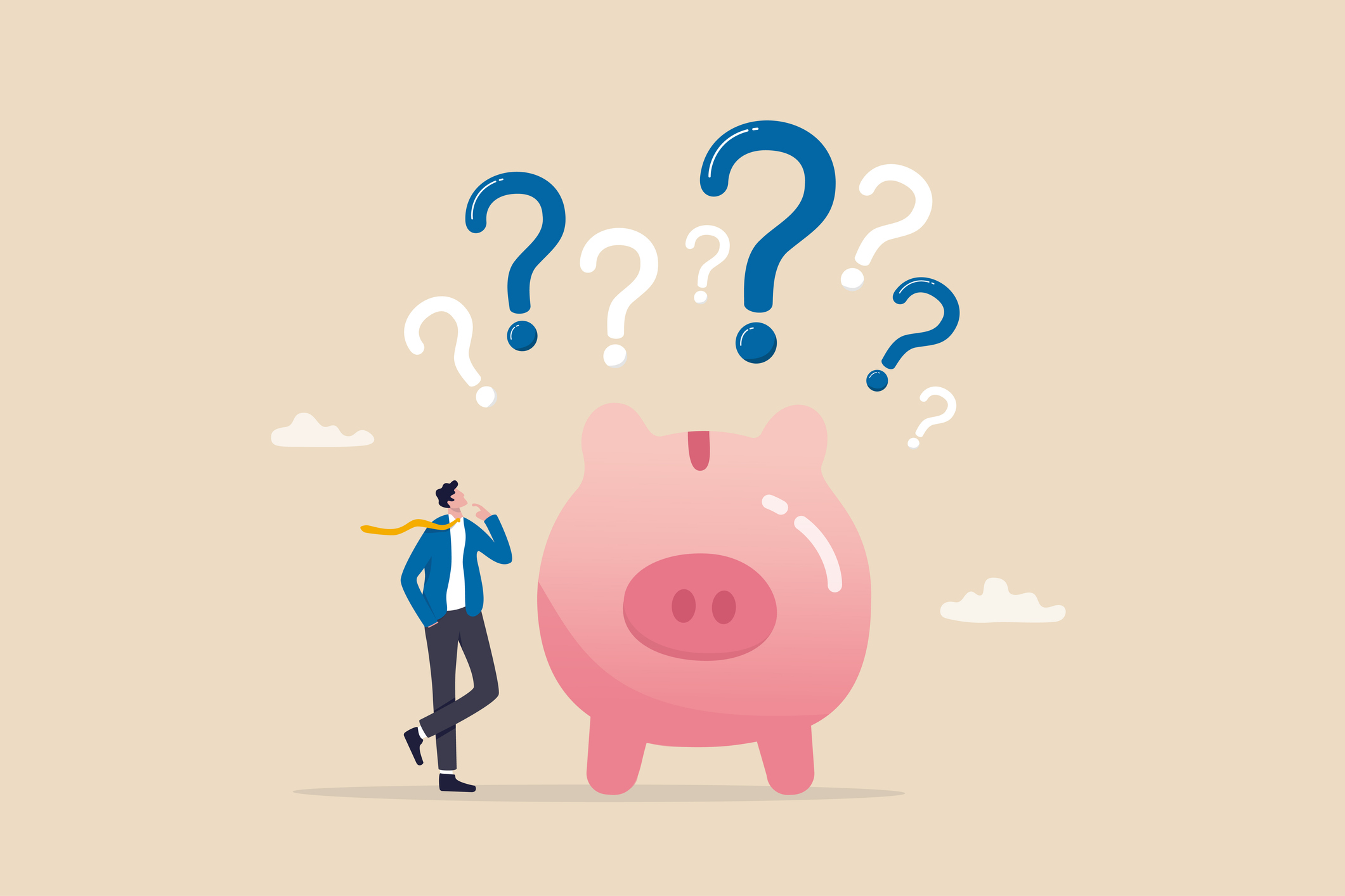 a picture of a man thinking of questions next to a piggy bank