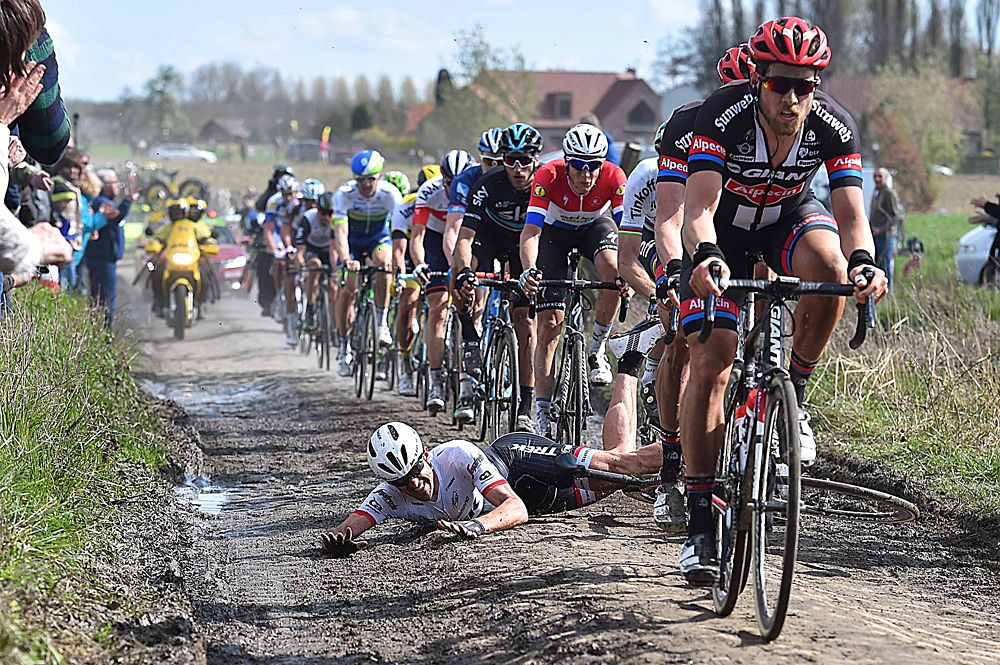 Fabian Cancellara (Trek-Segafredo) crashes in his final Paris-Roubaix