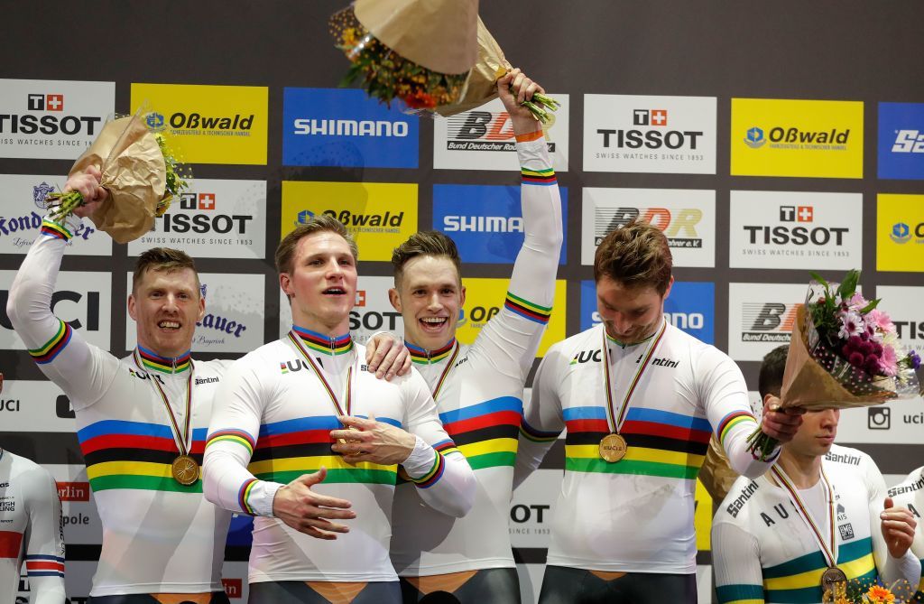 The Netherlands team celebrates Gold in the mens Team Sprint at the UCI track cycling World Championship in Berlin on February 26 2020 Photo by Odd ANDERSEN AFP Photo by ODD ANDERSENAFP via Getty Images