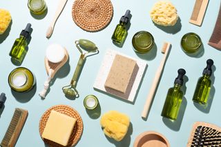 A Variety of Plastic Free and Zero Waste Toiletries and Beauty Products Made from Wood, Bamboo and Glass Materials,