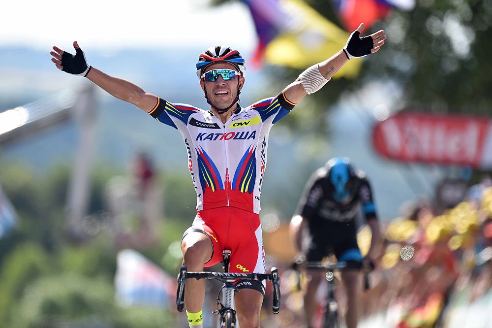 Joaquim Rodriguez (Katusha) wins ahead of Chris Froome (Team Sky) on stage 3 at the Tour de France