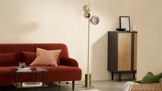 Made sale: Julia 3 Light Floor Lamp in beige living room with red sofa