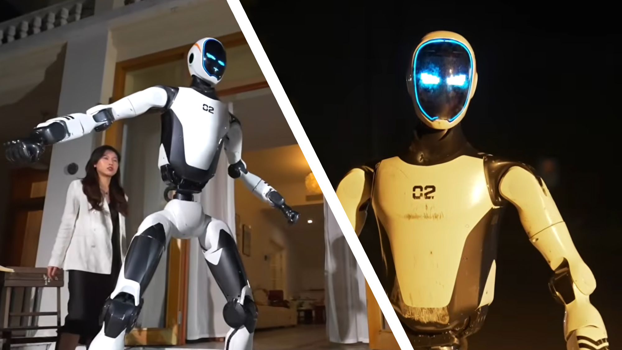 A Unitree robot protecting a human next to a robot with glowing eyes