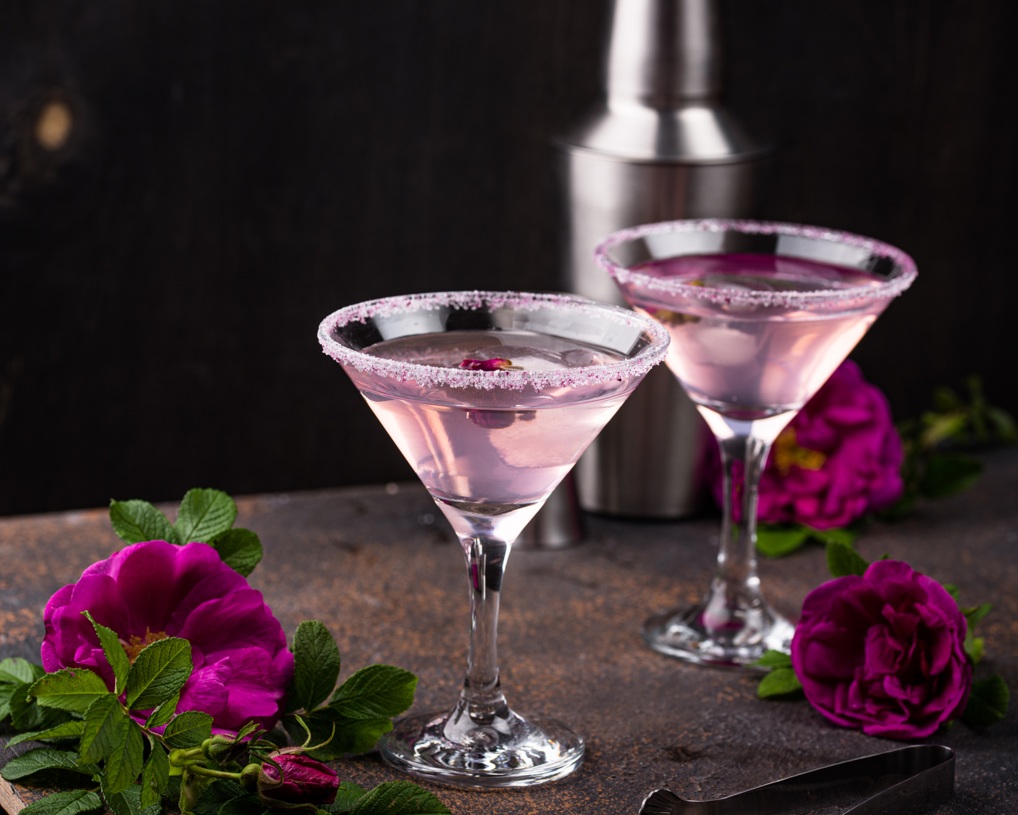 Pink martini cocktail with rose salt