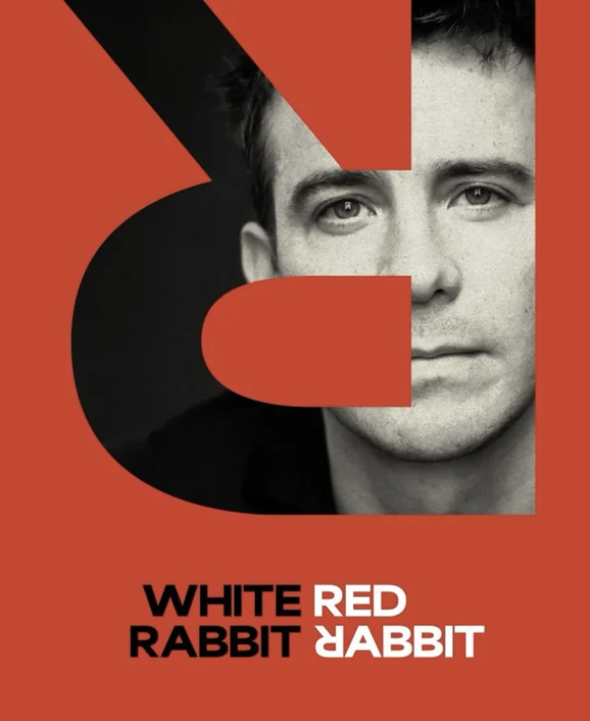 an image of one of the posters for the new play, showing a headshot of Luke Thompson inside a cut out, upside down 'R'
