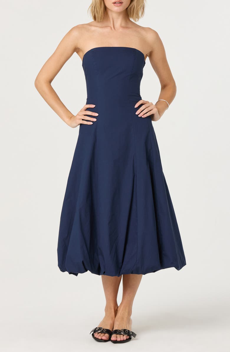 Strapless Bubble Hem Cotton Poplin Midi Dress