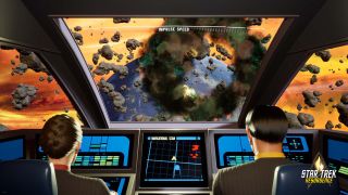 Two video game characters piloting a spacecraft look out their window at an alien world surrounded by asteroids.