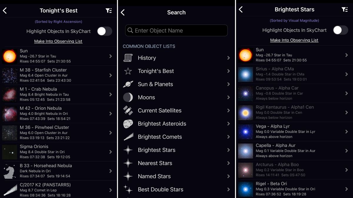 Three panels from the app listing icons to press for different types of space object
