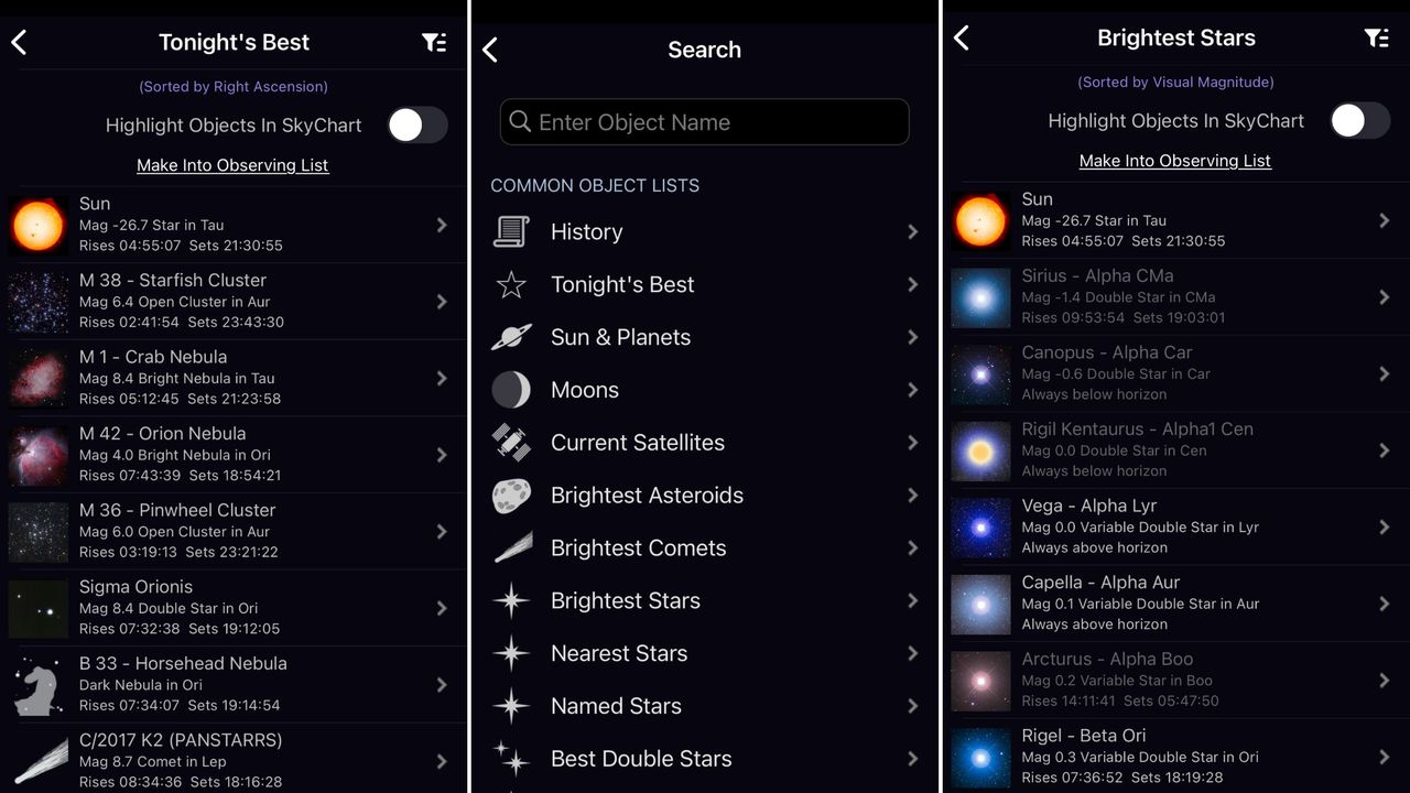 Three panels from the app listing icons to press for different types of space object