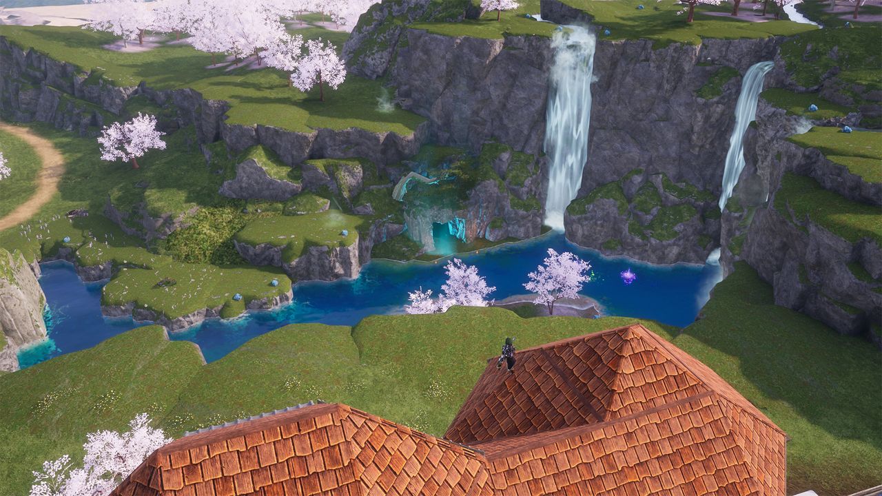 Palworld - The scenic waterfall view from the Sakurajima resource farm base.