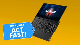 Legion Pro 7 Gen 8 gaming laptop against a yellow background