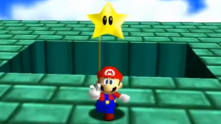 Mario from Super Mario 64 gets a star, flashing the peace sign.