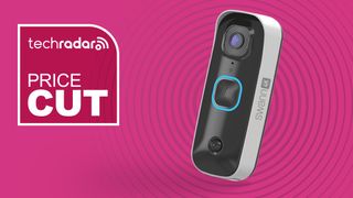 Swann Buddy4K video doorbell on pink background with white text reading 'TechRadar price cut'