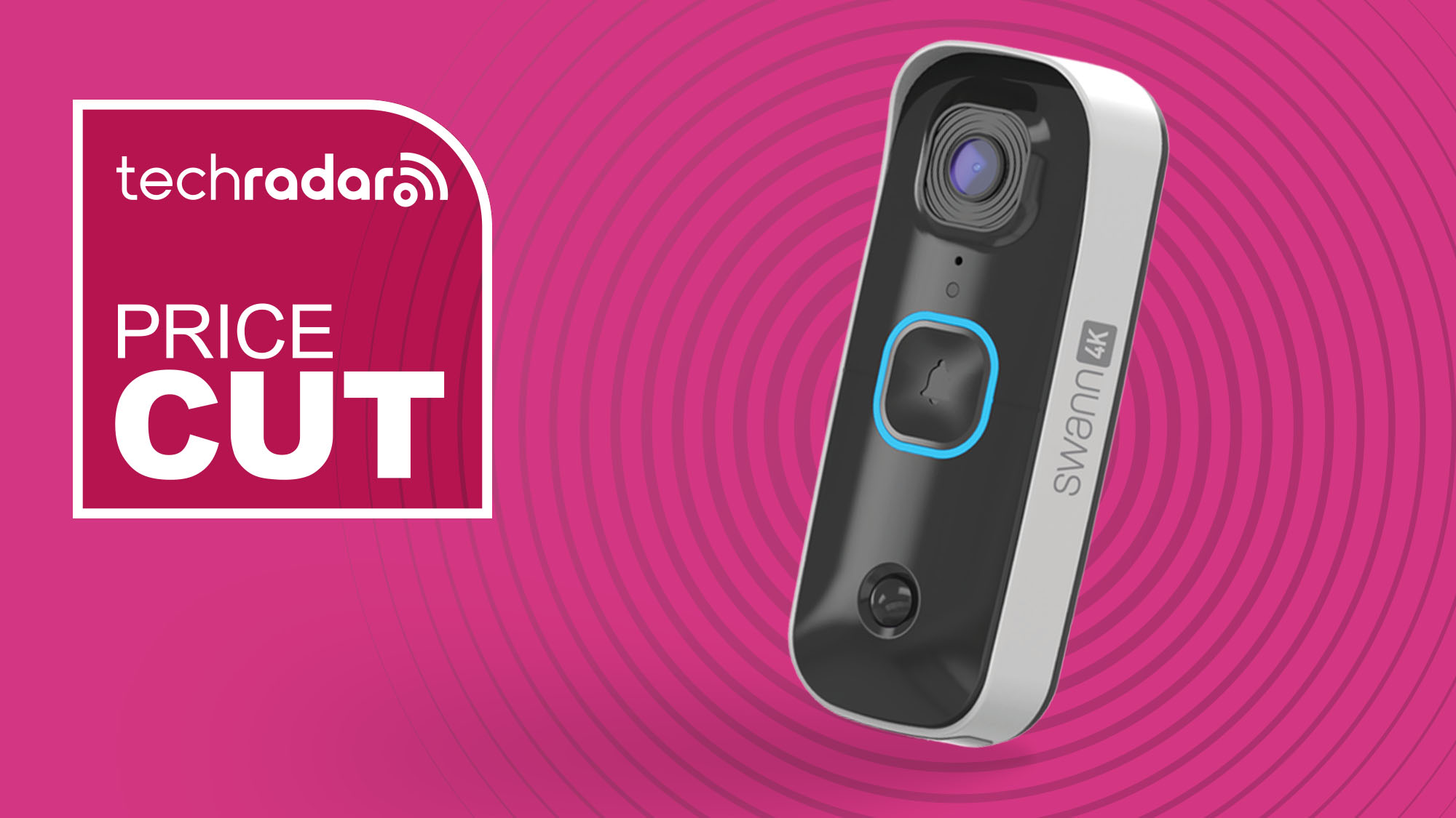 Swann Buddy4K video doorbell on pink background with white text reading &#039;TechRadar price cut&#039;