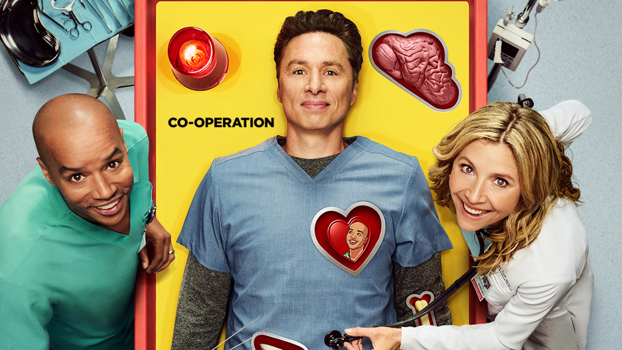 Turk and Elliot playing Operation with JD as the gameboard in promo for Scrubs Season 2