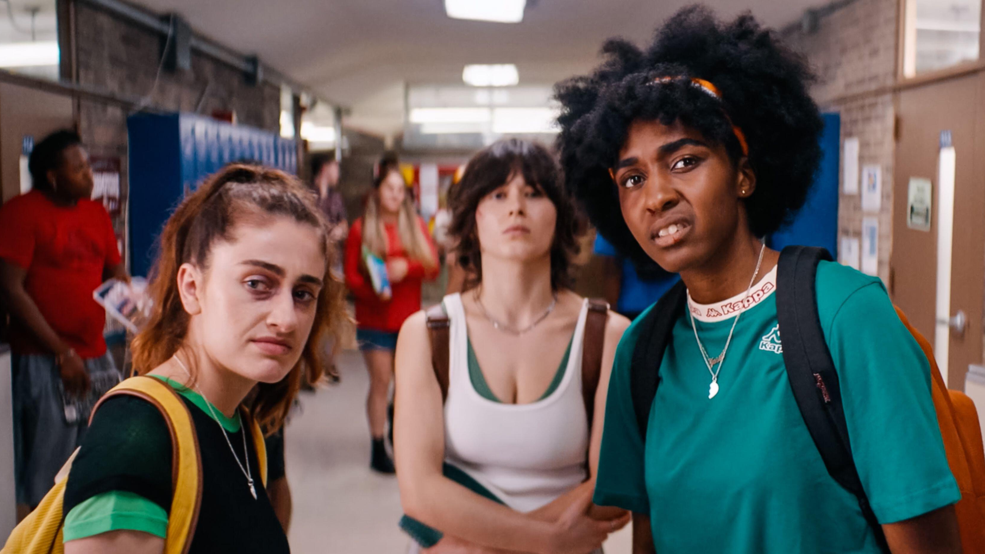 L-R: PJ (Rachael Sennott), Ruby Cruz and Josie (Ayo Edebiri) in a scene from "Bottoms" (2023)