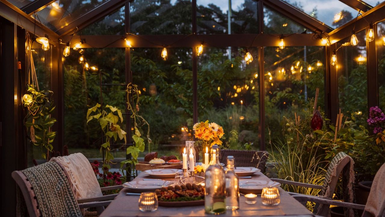 Solar lights in a glass greenhouse