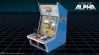 Evercade Alpha Street Fighter 2 arcade machine with artwork on side and marquee and gameplay on screen