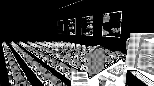 A scene from a black-and-white pixelated 3D video game inspired by Severance called Pager
