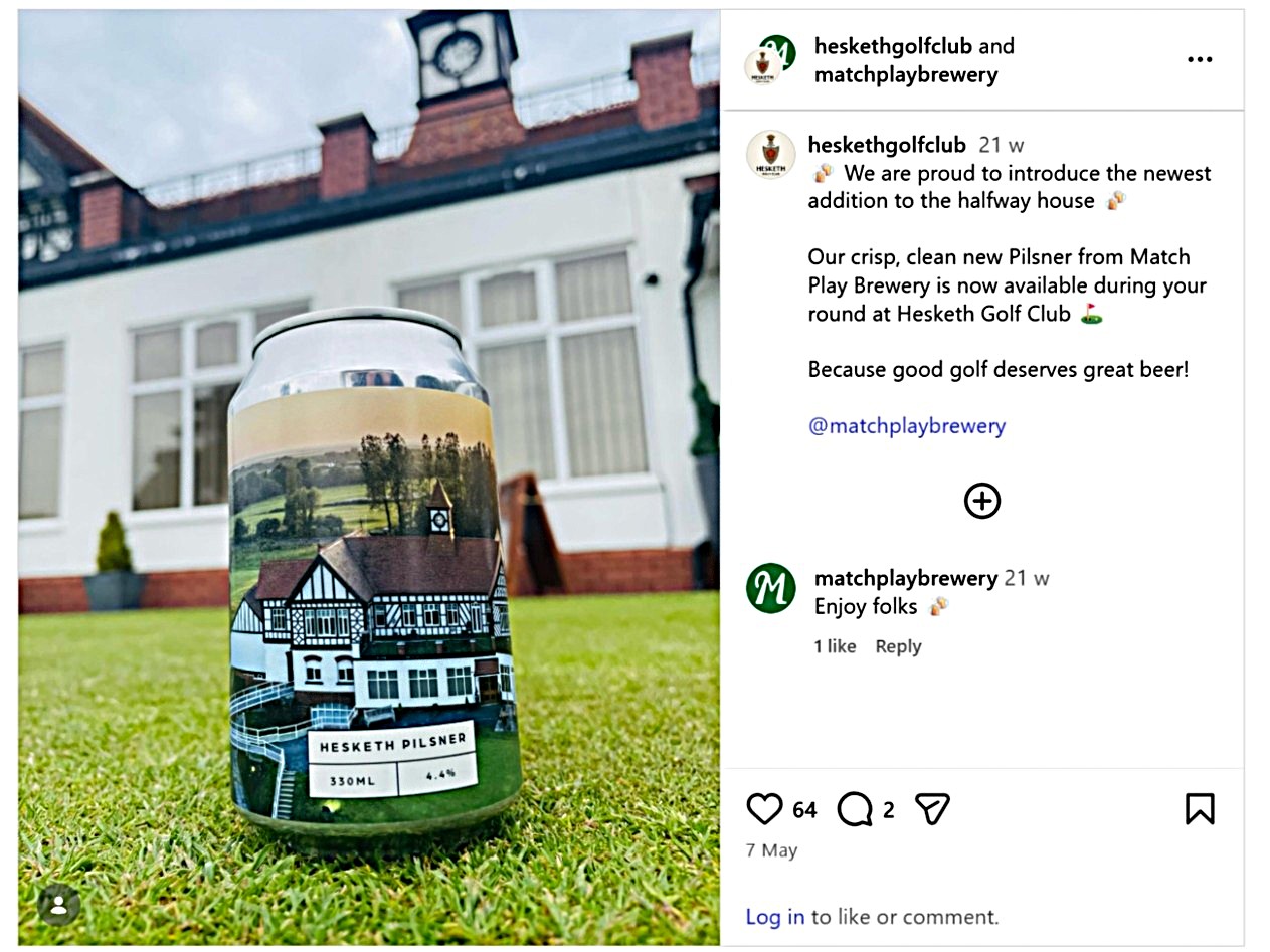 Social media post by Hesketh Golf Club announcing its house beer with a picture of the beer can, which has a picture of the clubhouse on it, placed on the grass in front of the clubhouse itself