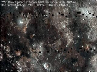 This composite image of the lunar surface highlights regions with varying mare compositions and enigmatic small volcanic structures known as "domes."