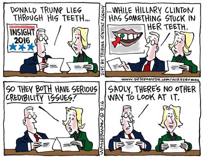 Political cartoon U.S. election 2016 Donald Trump Hillary Clinton credibility issues