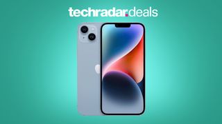 iPhone 14 Plus - front and back - on light green background with 'TechRadar deals' text
