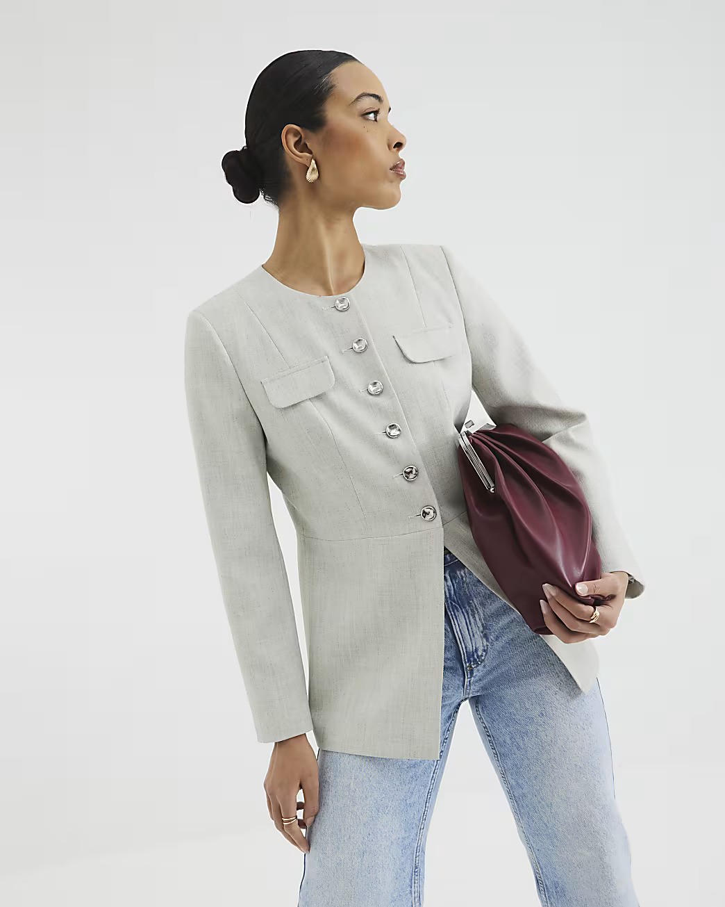 River Island, Grey Military Button Front Blazer