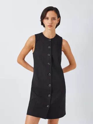 John Lewis Anyday Preppy Button Mini Dress, Black Pinstripe