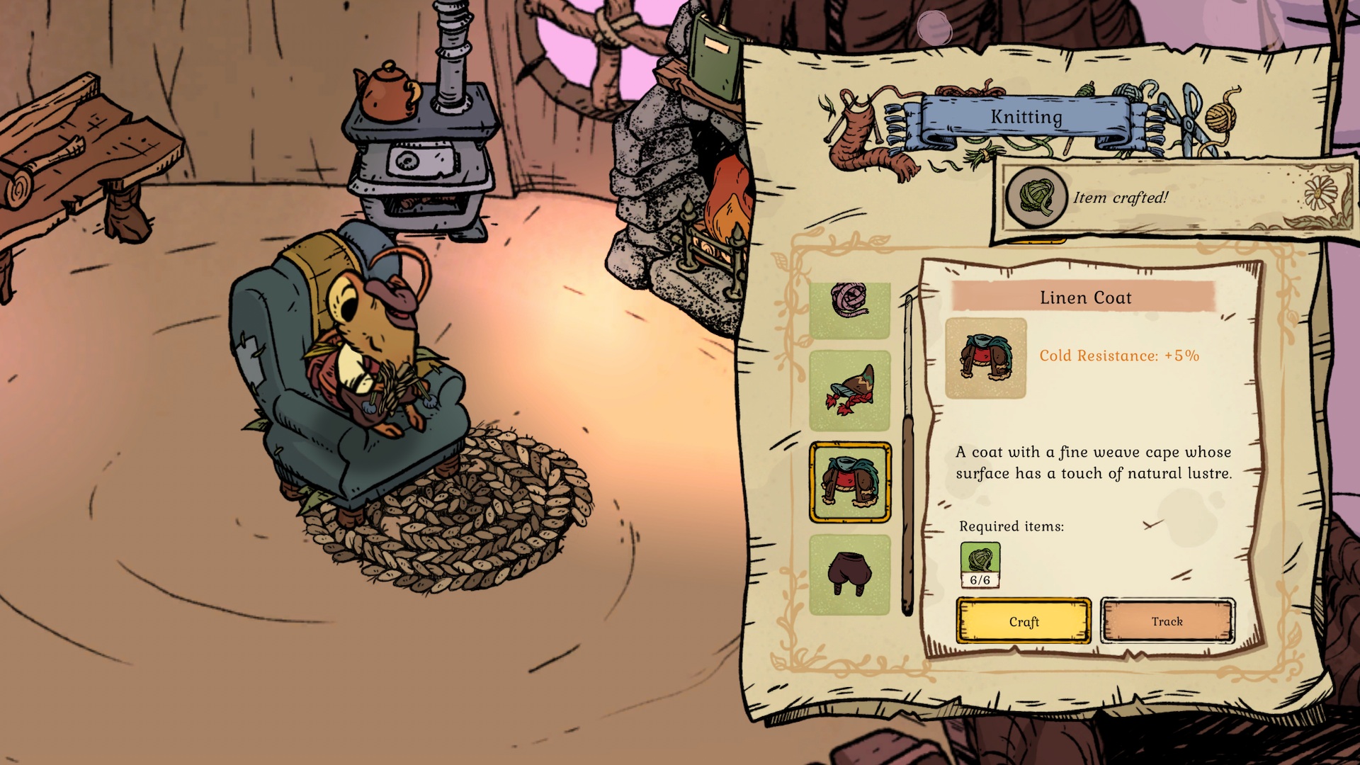 Winter Burrow screenshot showing the mouse knitting on the armchair in the burrow to craft a linen coat that protects against the cold outside