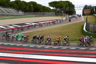 The peloton in the men's road race passes through the Imola race circuit