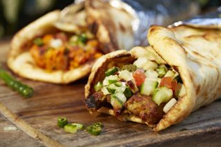 Kebab meat in a flatbread with salad