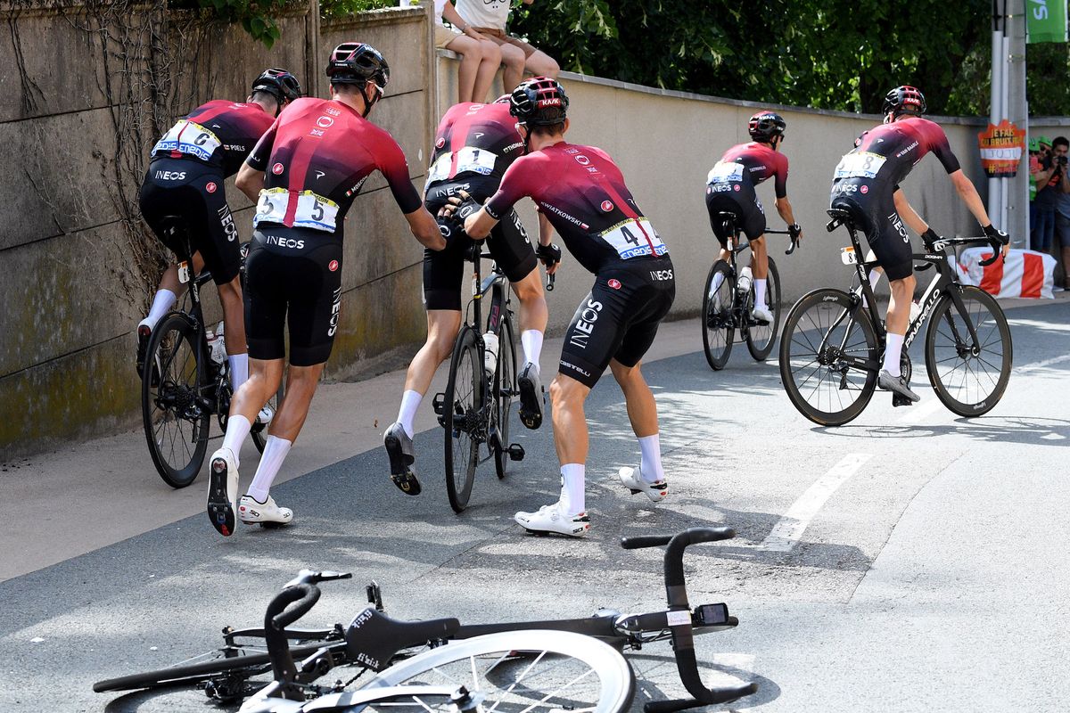Team Ineos recovered well from a crash during the Tour de France but Moscon was left at the side of the road with his bike in two pieces