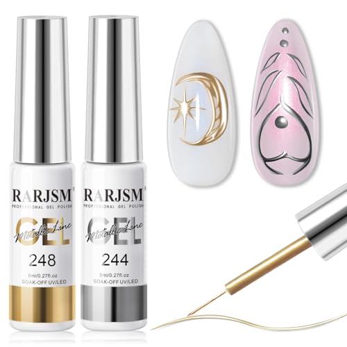 Rarjsm Metallic Gel Liner Nail Art Silver Bronze Gold 2pcs Set Mirror Chrome 3d Effect Gel Nail Polish 8ml Build in Thin Brush Metal Painted Drawing Stripper Gelpolish Curing Requires for Home Salon