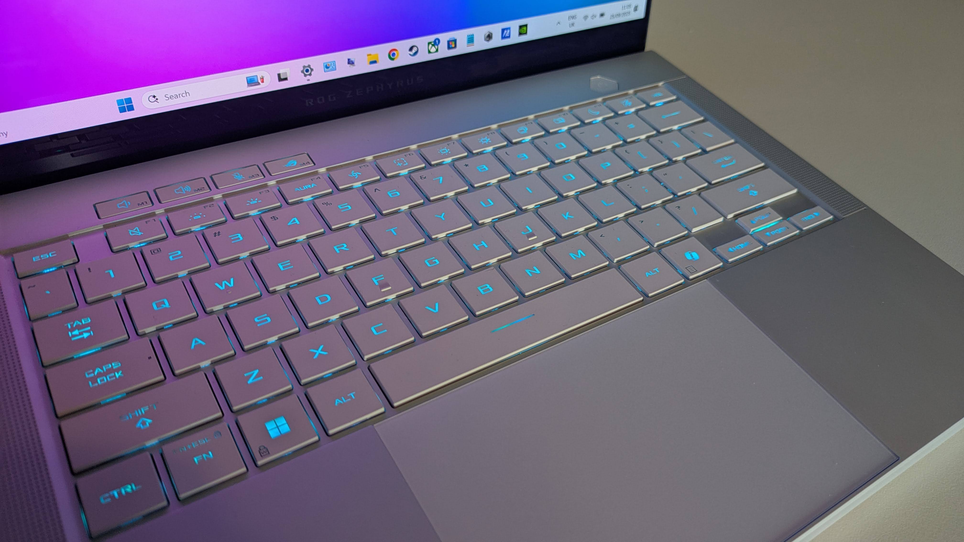 Close-up of keyboard and touchpad on Asus ROG Zephyrus G14 (2025)