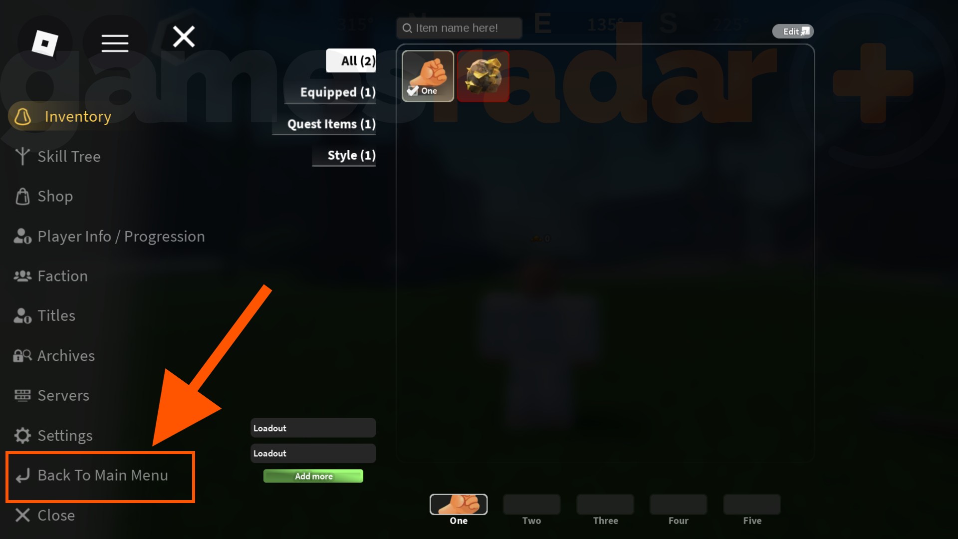 An orange arrow points to the main menu button where you can return to the Slayers 2 codes redemption box.