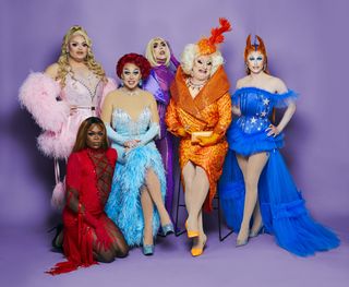 The drag mentors from Queens For The Night in a group shot: Kitty Scott-Claus, Asttina Mandella, La Voix, Margo Marshall, Myra DuBois and Blu Hyrangea