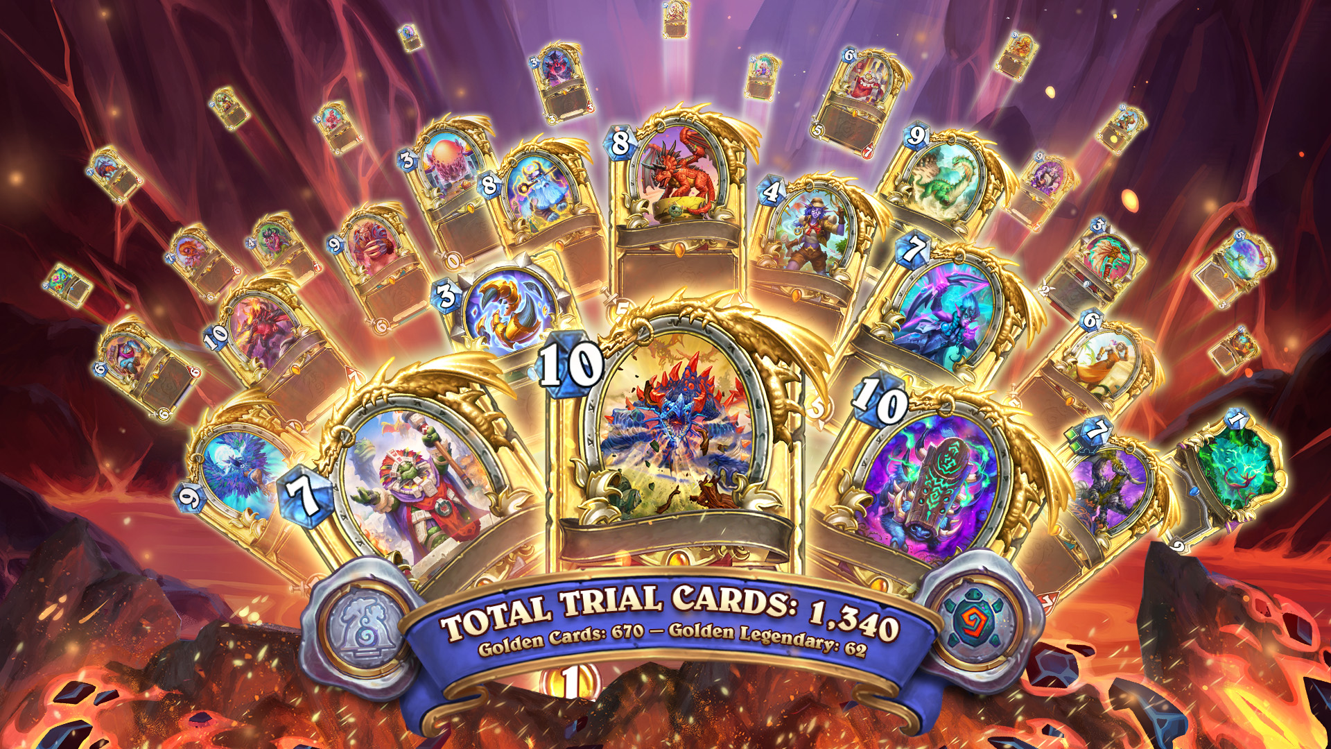 A fan of radiant golden trading cards displays varied fantasy illustrations against a fiery background. Text reads "Total Trial Cards: 1,340".