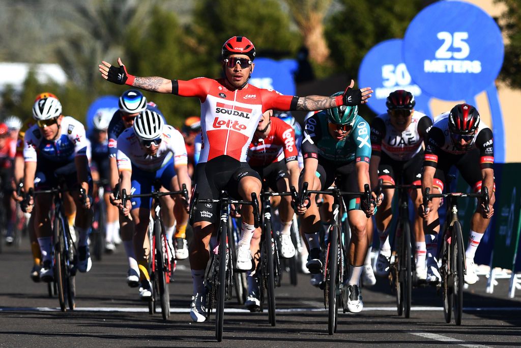 Caleb Ewan (Lotto Soudal) celebrates winning the opening stage of the Saudi Tour