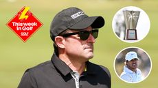 Main image of Scott O'Neil looking on through sunglasses and a black LIV Golf cap with inset images of the Hilton Grand Vacations Tournament of Champions trophy (top right) and Brooks Koepka (bottom right)
