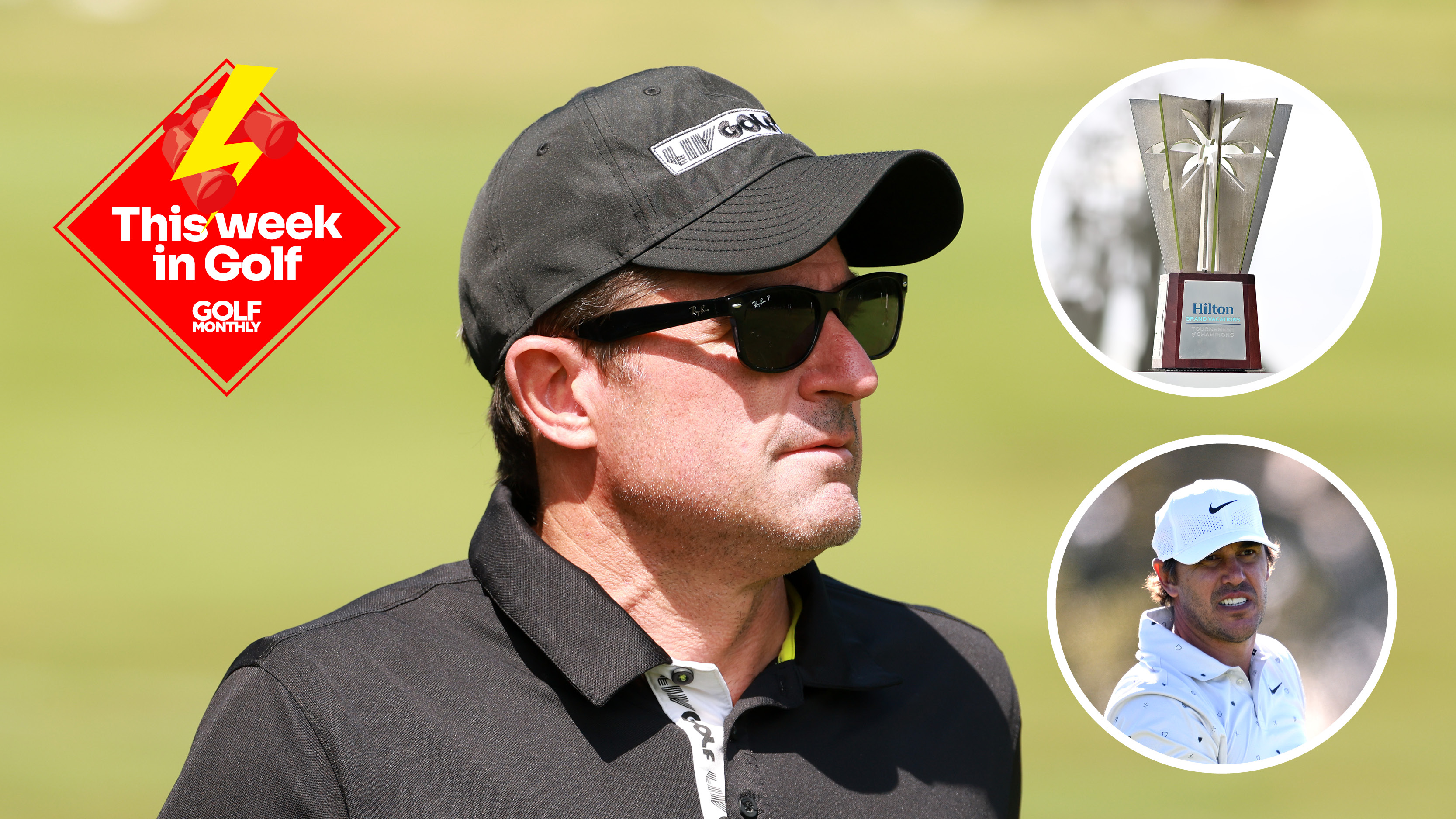 Main image of Scott O'Neil looking on through sunglasses and a black LIV Golf cap with inset images of the Hilton Grand Vacations Tournament of Champions trophy (top right) and Brooks Koepka (bottom right)