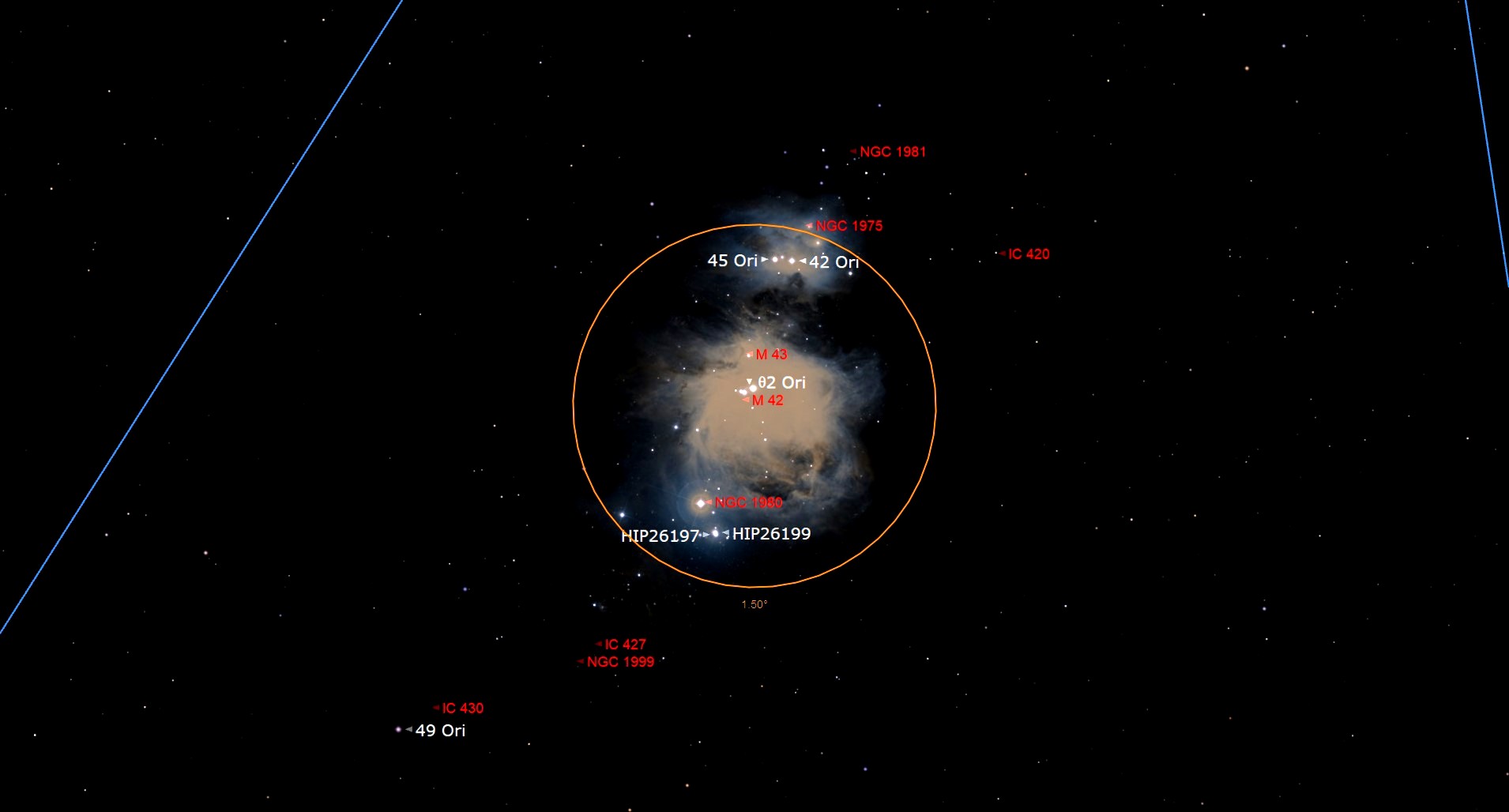 an orange circle in a starry black sky circles a smeared gaseous mass in the center. various points of light in and around the circle are labeled.