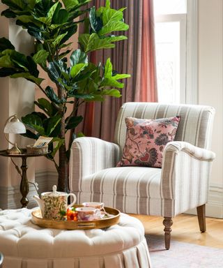 A striped armchair in front of an ottoman with a tea set on it, with a tall plant next to it