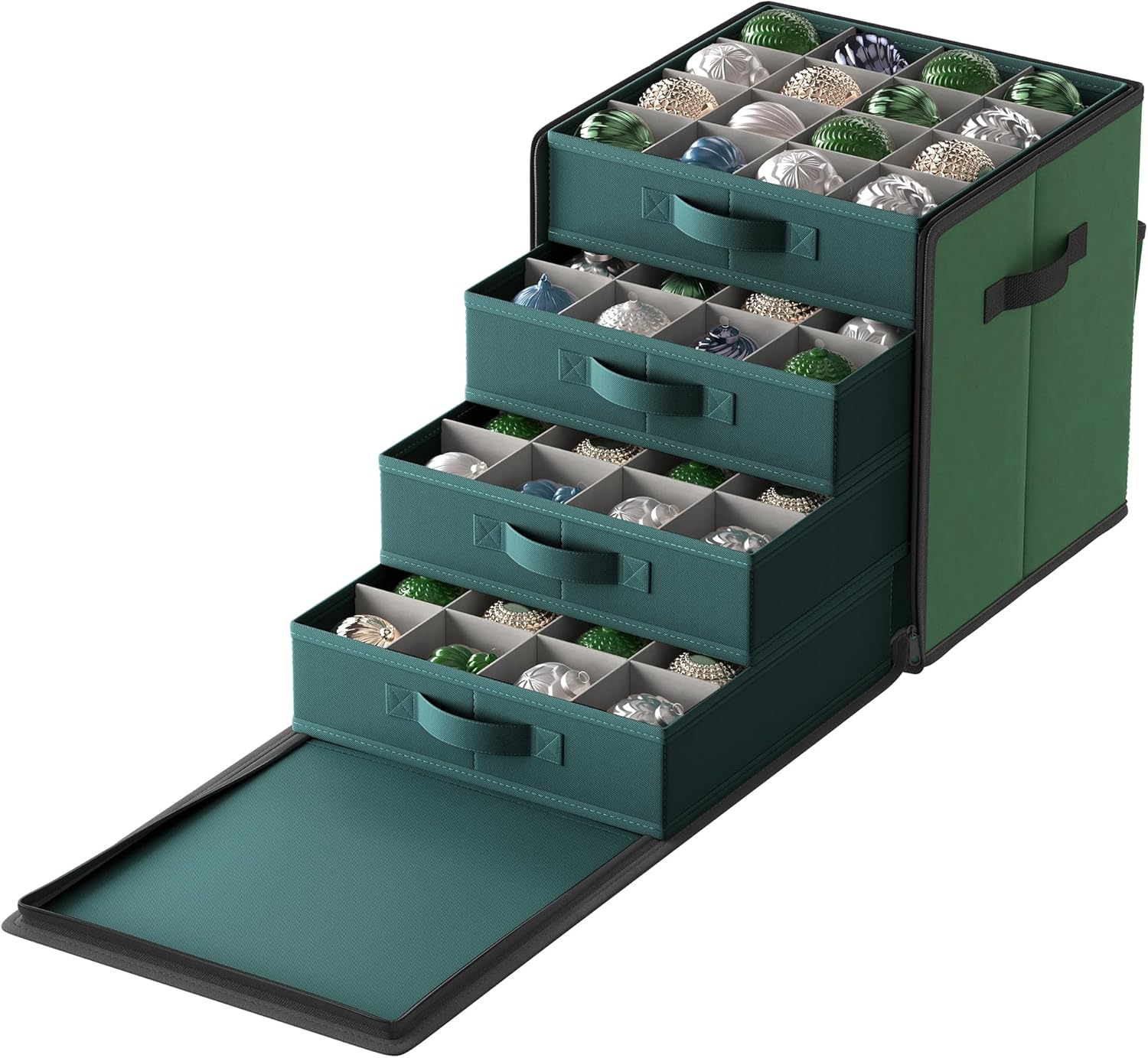 Songmics Christmas Decoration Storage Box, With Side Open, Stackable Christmas Storage Container With Lid, 4 Drawer Trays, 600d Oxford, 7.6 Cm 64 Slots, Forest Green Rfb037c01