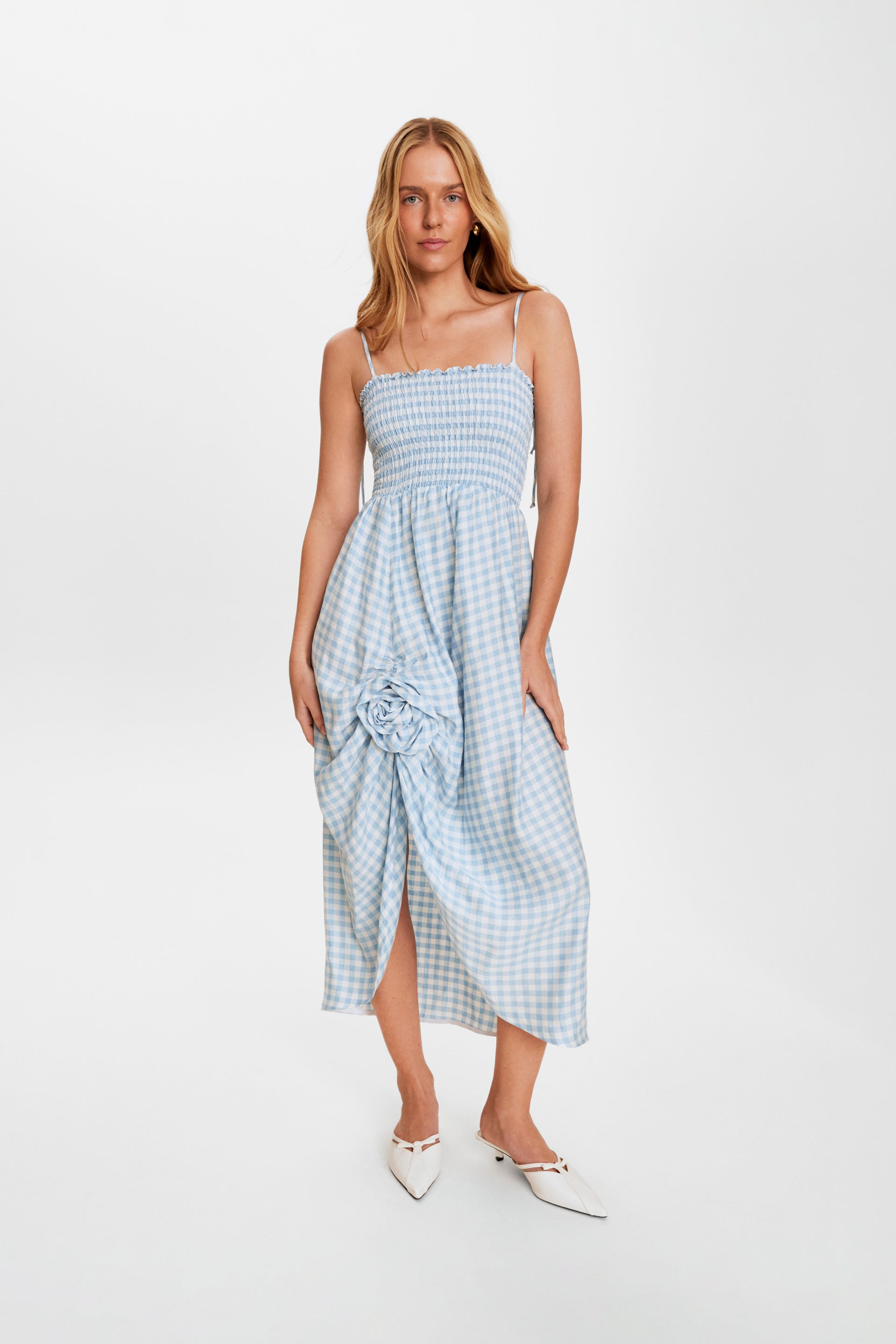 Atlanta Linen Strap Dress With Rose Detail in Blue Vichy